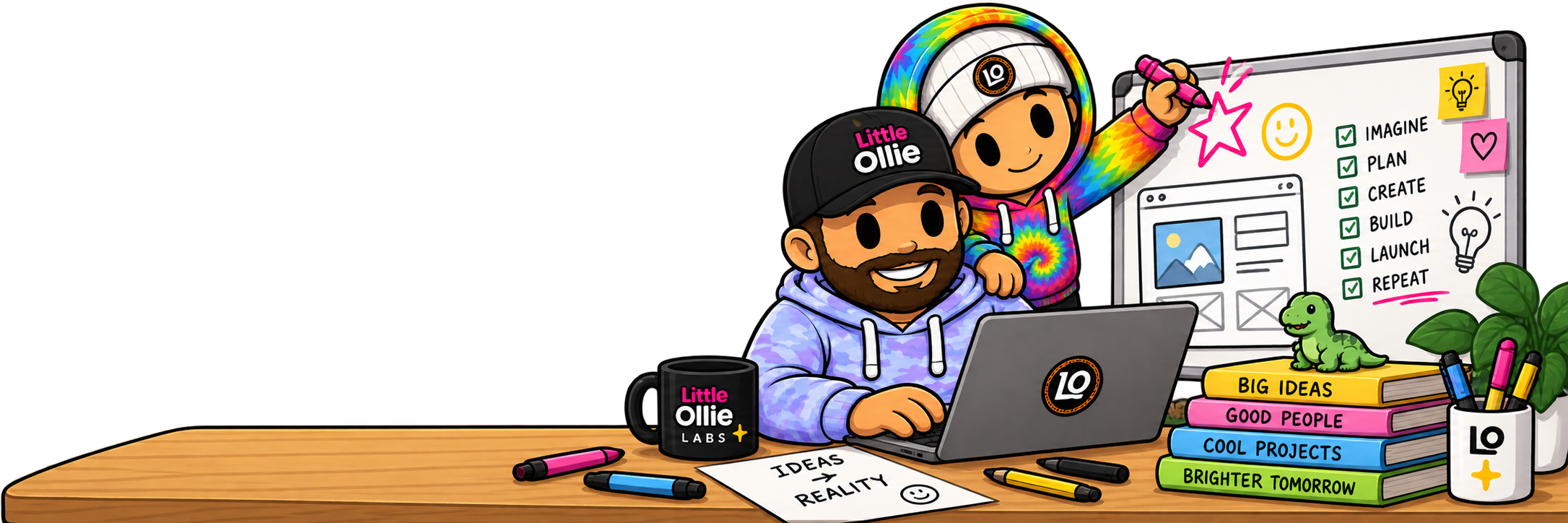 Dad and Ollie at a creative workspace with laptop, whiteboard and desk